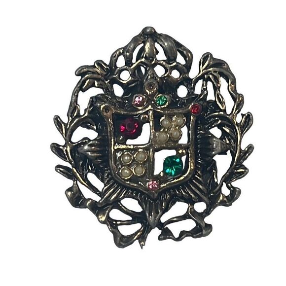 Antique Edwardian Coat of Arms Shield Crest Pink Garnet Emerald Pearls Brooch - Picture 7 of 12